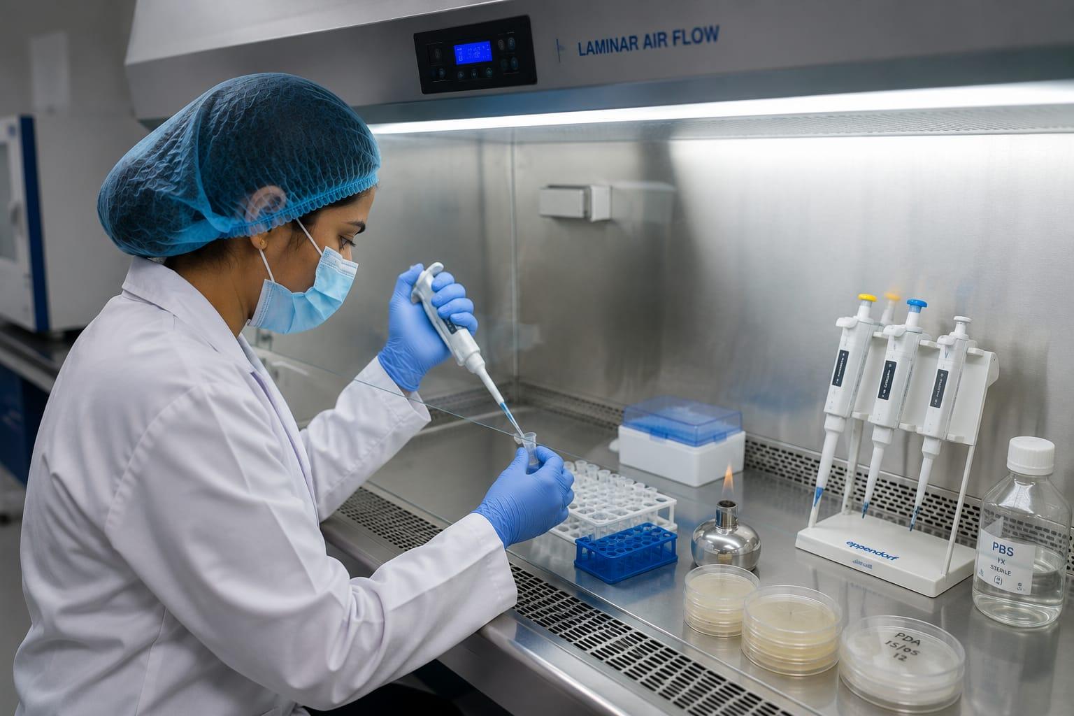 Scientist working with mushroom spawn in a lab